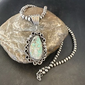 Mens Women Navajo Sterling Silver Green Royston Turquoise Necklace Pendant 18682 - Picture 1 of 14