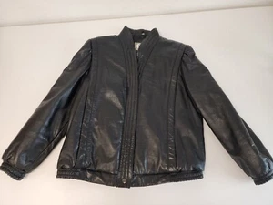 Vintage Womens Black Leather Jacket Bomber Full Zip Elastic Waist Size 13/14 - Picture 1 of 10
