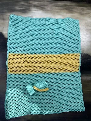 New HANDMADE Teal Blue & Yellow 42"x33" Crocheted Baby Blanket & Hat & Headband - Image 1 of 3