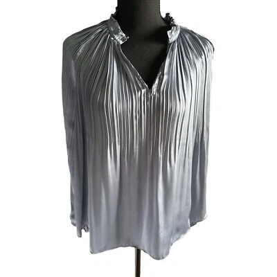 Blusa plisada estampado azul Tahari para mujer XS ropa de oficina preppy carrera elegante boho Foto 1 de 4