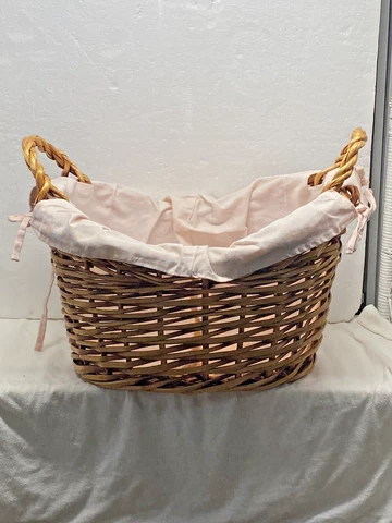 Vintage Laundry Woven Wicker Cane Basket Oval Handmade 17" W x 13 1/2" D x 11" T Cover