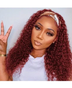 Deep Curly Human Hair Headband Wigs for Women Wig Burgundy 22 Inch - Picture 1 of 6