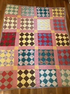 Antiker NINE PATCH ON POINT QUILT - alle Baumwolle 76 x 62" - HANDGENÄHT alt - Bild 1 von 19