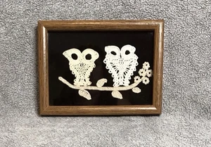 Vintage gerahmtes Bild Spitze Eule Kunst Nadelspitze - Bild 1 von 5