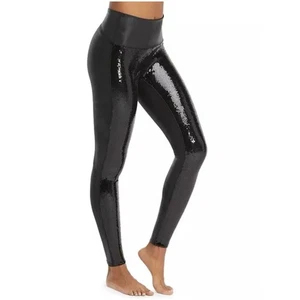 Spanx Women’s Sz L Black Sequin Faux Leather Leggings High Rise Pull On Pants - Picture 1 of 15