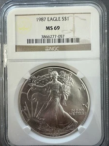 1987 $1 American Silver Eagle NGC MS69 Classic Brown Label #7981 - Picture 1 of 7