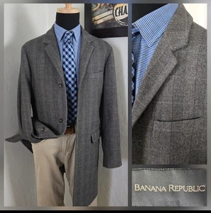 Banana Republic Tweed Overcoat Men Med / Large Gray Herringbone Checked Topcoat - Picture 1 of 18