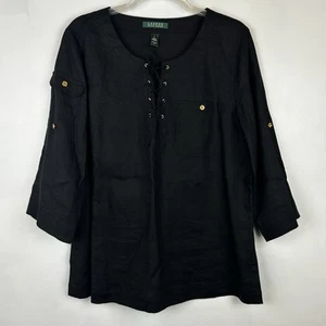 Ralph Lauren Top Womens L Black Linen Gold Button Lace Up Capsule Minimalist - Picture 1 of 7