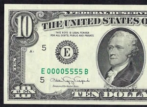 🇺🇸1990 $10 DOUBLE QUAD S/N ♚♚E 00005555 B♚♚ PCGS GEM NEW 66 PPQ - Picture 1 of 3