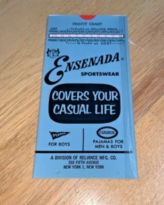 Old ENSENADA SPORTSWEAR Slide Rule Style PROFIT CHART - Reliance Mfg 5th Ave NYC - Picture 1 of 6