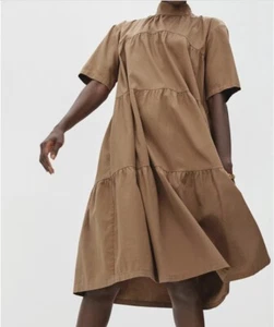 Everlane Mockneck Tiered Cotton Midi Dress with Pockets! Size S Toasted Coconut - Picture 1 of 9