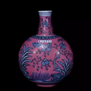 Vecchio vaso cinese blu e bianco firmato Xuande 31 cm con pino N427 - Foto 1 di 9
