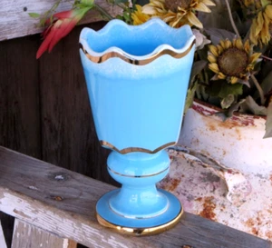Vintage MCM Mid-Century Hull ~Fantasy~ Ceramic Pedestal VASE Turquoise Blue Gold - Picture 1 of 4