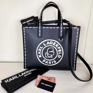 Neu Karl Lagerfeld Paris Leder Logo Beuteltasche Tasche Zwei-Wege Crossbody schwarz Reißverschluss oben - Bild 1 von 16
