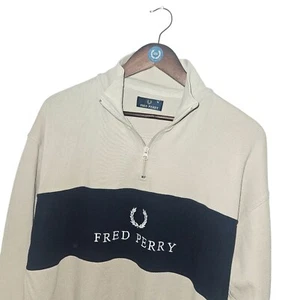 Jersey de hombre FRED PERRY Vintage LOGOTIPO AUDAZ beige/azul marino 1/4 cremallera talla M-L *En muy buena condición* - Imagen 1 de 9