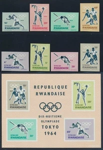 RUANDA 1964 OLYMPICS, Rare Cpl Superb MNH/** Imperforate Set + Sheet , Soccer - Imagen 1 de 5