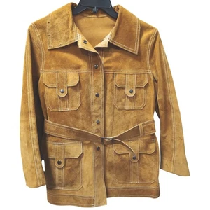 Vintage 70s Suede Leather Belted Jacket Size 16 Western Style Tan Brown Coat - Picture 1 of 11