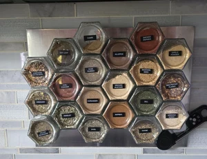 Set of 24 Magnetic Spice Jars for Refrigerator Hexagon Glass with Shaker Lids - Picture 1 of 10