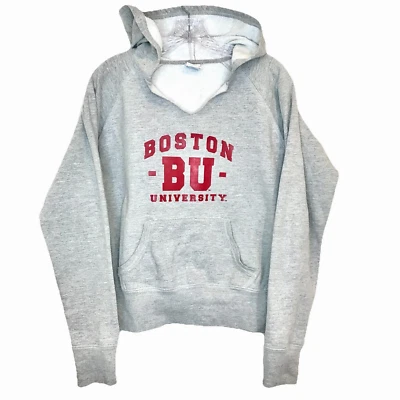 BOSTON UNIVERSITY Vintage Women's Hoodie Sz L Gray Pull-over Boxy Camp David Y2K - Image 1 of 4