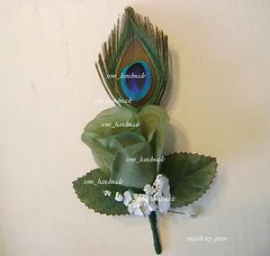 Peacock feather Rose Pin Boutonniere~Pin Corsage~your choice~Groom~Prom~Wedding - Picture 1 of 55