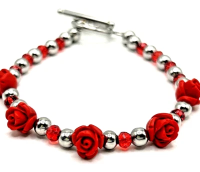 7.5" Toggle Clasp Rose Bracelet: Cinnabar Roses, Glass Beads, Stainless Steel - Image 1 of 4