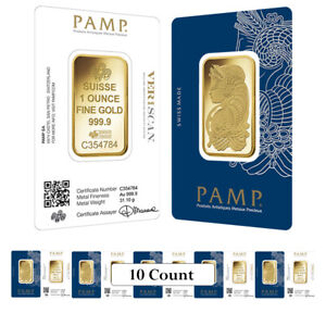 Lot of 10 - 1 oz Gold Bar PAMP Suisse Lady Fortuna Veriscan .9999 Fine (In