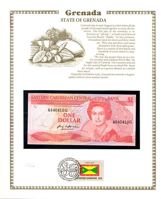 East Caribbean Banknote 1 Dollar 1985 P 17g  UNC  w/FDI UN FLAG STAMP Grenada - Image 1 of 3