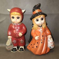 VTG 1987 Halloween Witch Girl & Devil Boy Trick or Treaters Ceramic Mold Figures