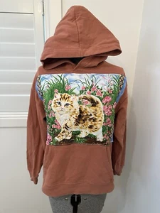 OOAK Upcycled Patchwork Cat Kitten Floral 90s Panel Hoodie Jumper L Sienna Color - Picture 1 of 14