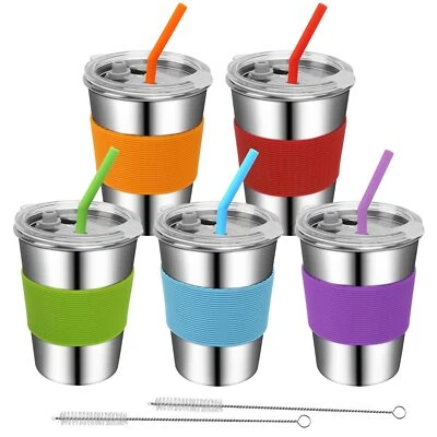 Juego de 5 tazas con pajitas de acero inoxidable 18/8 12 oz para niños pequeños Foto 1 de 4