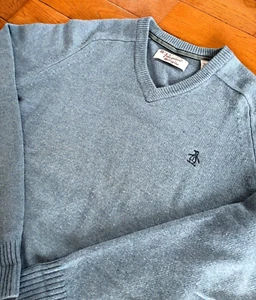Penguin Sweater Mens M V-Neck Knit Pullover 100% Lambswool Preppy Light Blue - Picture 1 of 9