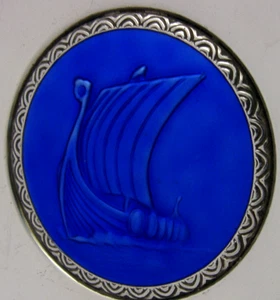 94 g 5,5 Zoll SELTENE NORWEGISCHE MASSIVE SILBER EMAILLE WIKINGER BOOT SCHIFF SCHALE oder SCHÜSSEL um 1950 - Bild 1 von 6