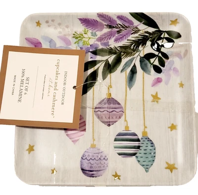 Juego de 6 platos de aperitivo adorno navideño de melamina púrpura para cupcakes y cachemir Foto 1 de 3