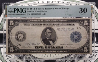 1914 $5 Federal Reserve Large Note *CHICAGO* Fr#871a PMG VF30 Very Fine FRN - Image 1 of 4