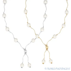 Collar en Y con cuentas de perlas blancas de agua dulce de 8 mm en oro amarillo o blanco de 14 K - Imagen 1 de 3