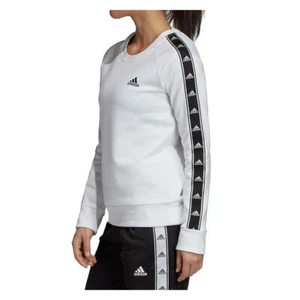Adidas Women’s Tiro Tape Crewneck Sweatshirt, White/Black Stripes/White Logo - Picture 1 of 5