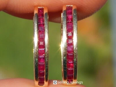 14K YELLOW GOLD 1.20 TCW RUBY 8/10th INCH LEVERBACK OVAL HOOP HUGGIE EARRINGS - Image 1 of 4