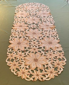 Cream Beige Brown Coffee Floral Embroidery short Oval Table Runner Cutwork - Picture 1 of 4