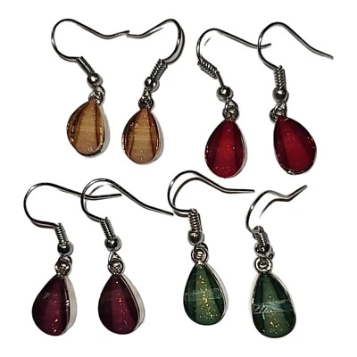 Lot of 4 Pairs Thermoset Acrylic Dangle Earrings Purple Green Red & Amber Color - Image 1 of 4
