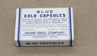 Vintage Blue Cold Capsule Empty Box Grund Drug Company Fremont Ohio Free Ship
