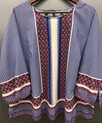 Talbots Woman Shirt 3X Blue Burgundy Geo Mandala Print Preppy Blouse Top - Image 1 of 4