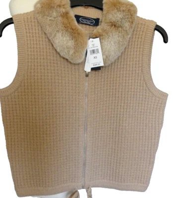 Chaleco de Lana Recortado Magaschoni Piedra Arenisca Beige EE. UU. XS Desmontable Cuello de Piel de Conejo Foto 1 de 4