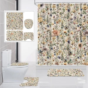 4 Pcs Boho Floral Shower Curtain Set, Vintage Wildflower Bathroom Decor with Rug - Picture 1 of 12