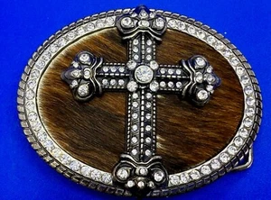 Cruz Western Ornamentada - Vaqueros Vaqueras Ovalada Vaca Hyde Hebilla de Cinturón con Joyas - Imagen 1 de 17