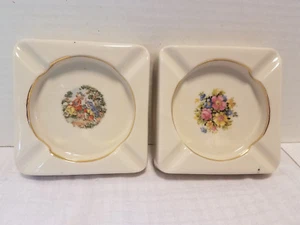 2 Antique Vintage Porcelain Ashtrays George & Martha Washington Flowers Gold - Picture 1 of 5