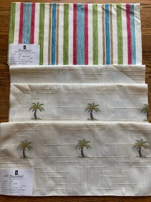 Lote 4 Muestras De Tela Duralee Vintage Tapicería Tiki Palmeras Rayas 17 X 17" Foto 1 de 4