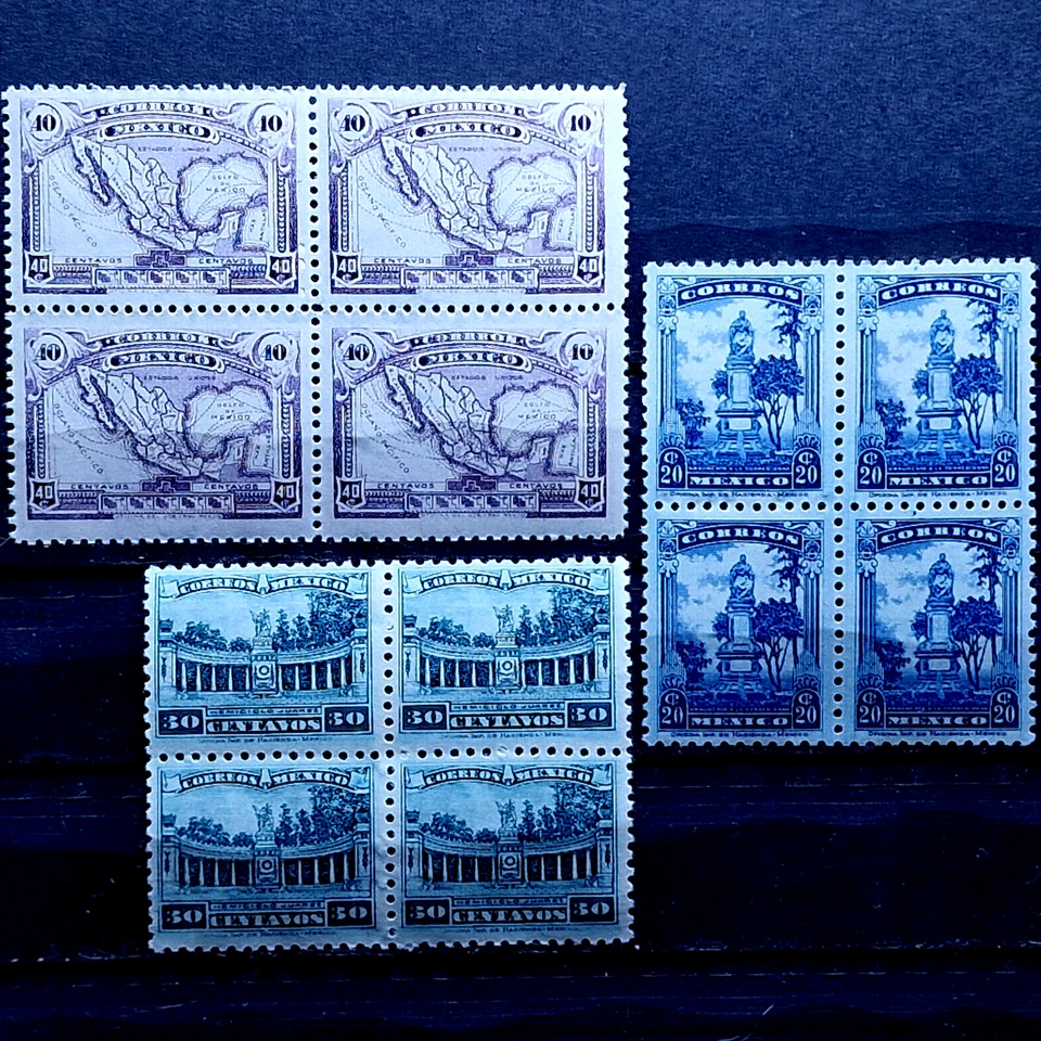 Мексика 1900-е - как новые без наклеек и следов - архитектура, карта - 12 марок - набор из 3 квартблоков - Изображение 1 из 4