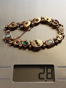 5200$ Antique Slide Bracelet 14K Yellow Gold Gemstones 8.5" 28 Gr