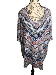 Catherine’s Womens 2X Blue Multicolor Blouse Embellished VNeck Stretch S/S