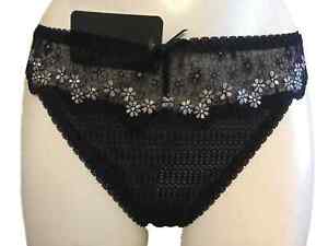 Black Vanity Fair Shannon Thong Style 263 Noir Sheer lace & silver embroidery